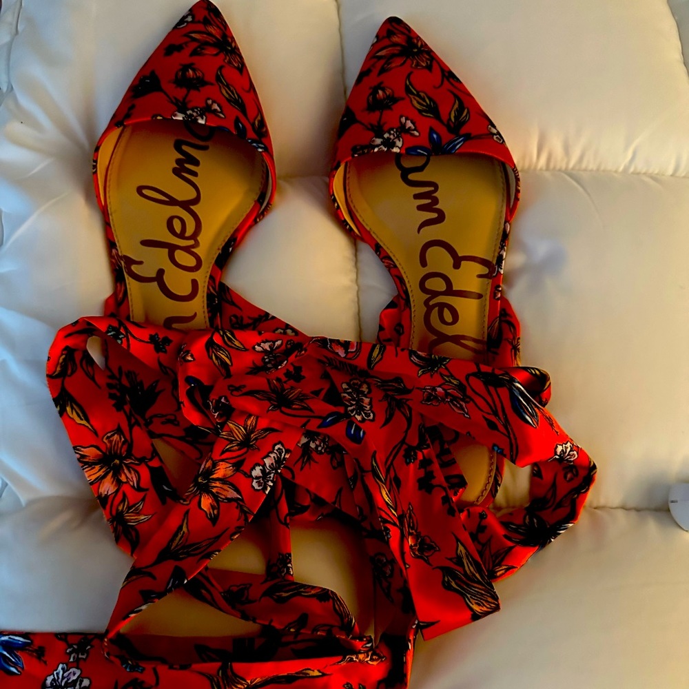 Sam Edelman Floral Pointed Toe Ankle Tie Flats, Size 9